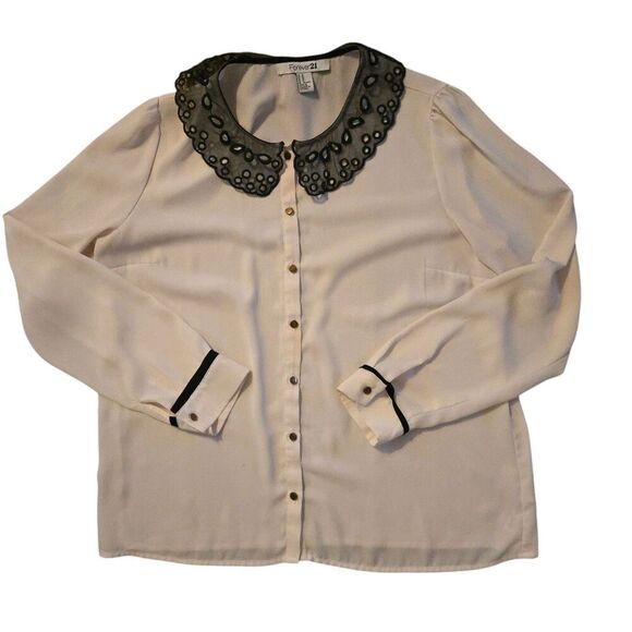 Y2K Forever 21 M Embroidered Eyelet Lace Mesh Collared Top Whimsygoth Regency - Picture 1 of 8